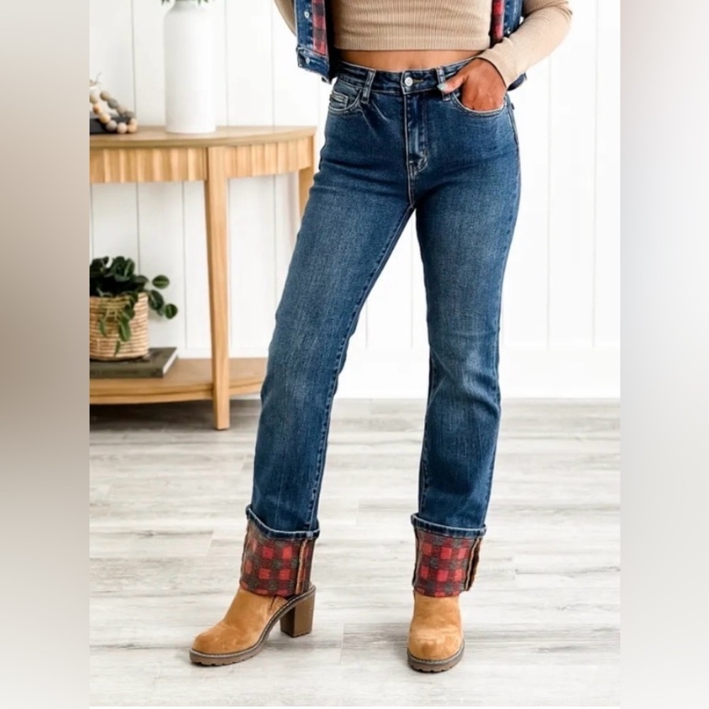 Judy Blue High Waist Straight Jeans Buffalo Plaid Cuff NWT Size 1/25